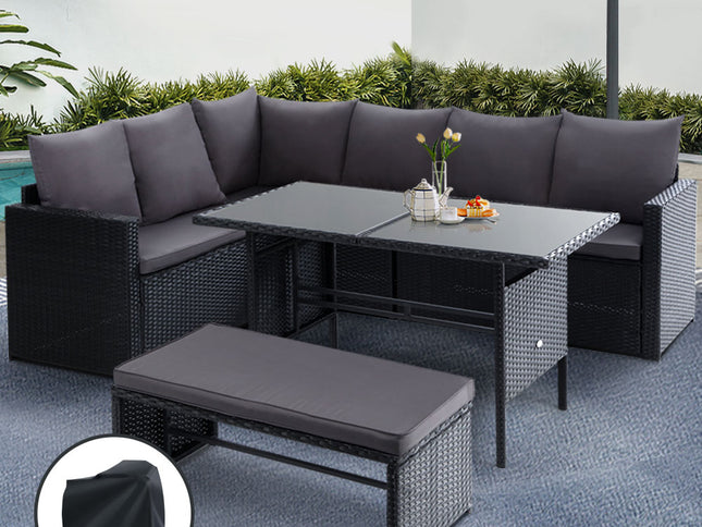 Gardeon Outdoor Dining Set Sofa Lounge Setting Chairs Table Bench Black Cover