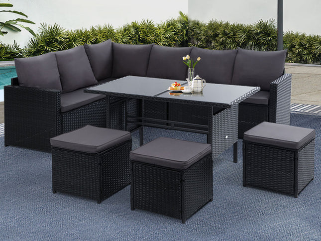 Gardeon Outdoor Furniture Dining Setting Sofa Set Lounge Wicker 9 Seater Black