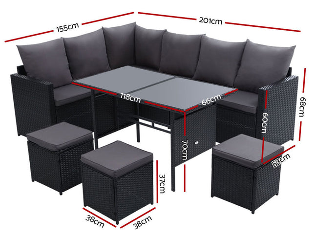 Gardeon Outdoor Furniture Dining Setting Sofa Set Lounge Wicker 9 Seater Black