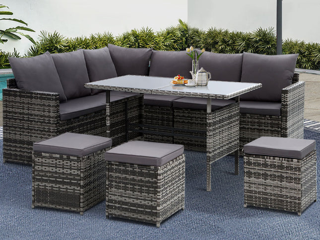 Gardeon Outdoor Furniture Dining Setting Sofa Set Lounge Wicker 9 Seater Mixed Grey