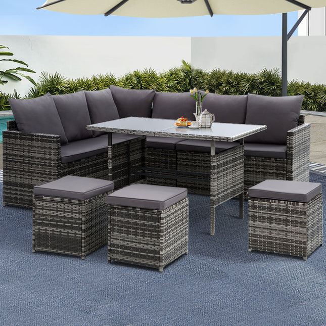 Gardeon Outdoor Furniture Dining Setting Sofa Set Lounge Wicker 9 Seater Mixed Grey