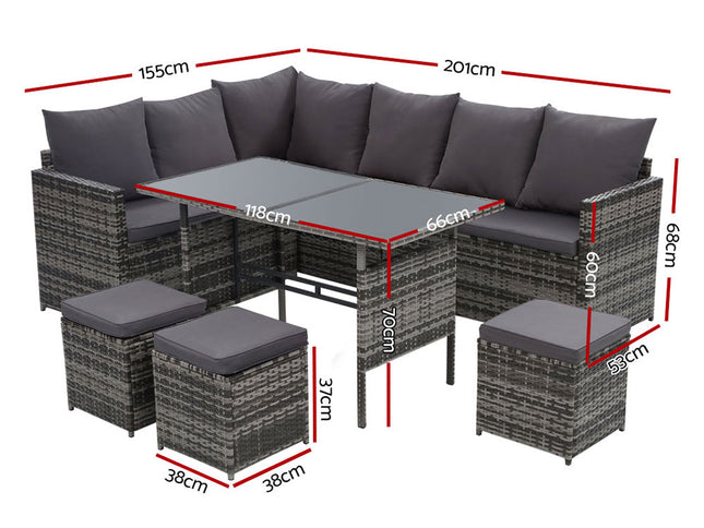 Gardeon Outdoor Furniture Dining Setting Sofa Set Lounge Wicker 9 Seater Mixed Grey