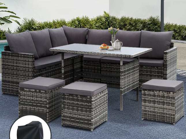 Gardeon Outdoor Dining Set Sofa Lounge Setting Chairs Table Ottoman Grey Cover