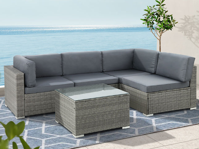 Gardeon 5-Piece Outdoor Sofa Set Wicker Couch Lounge Setting 4 Seater Grey