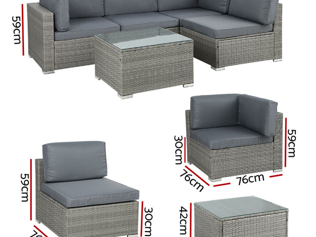Gardeon 5-Piece Outdoor Sofa Set Wicker Couch Lounge Setting 4 Seater Grey