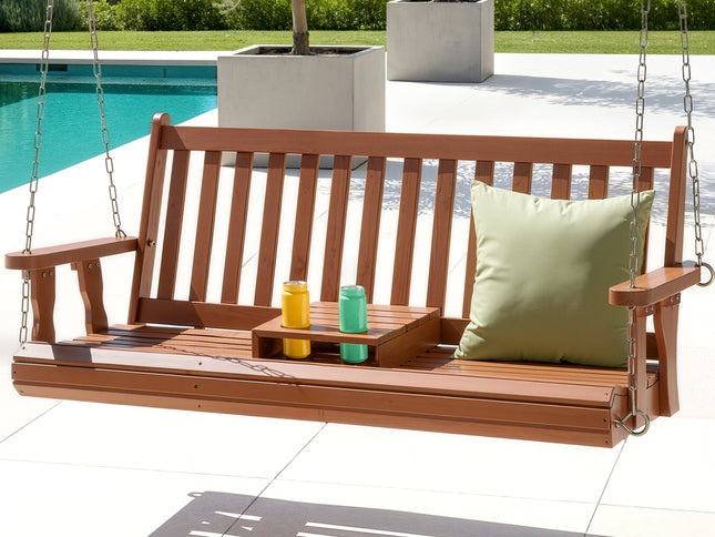 Gardeon Porch Outdoor Swing Chair Patio Furniture Wooden Bench 2 Seat Cup Holder