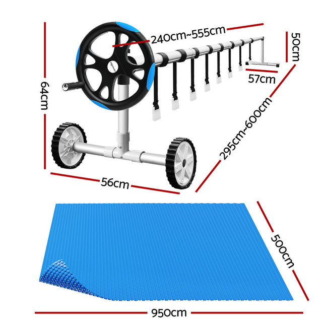 Aqua Buddy Pool Cover 600 Micron Solar Heat 9.5x5m Blanket w/ 5.55m Roller Blue
