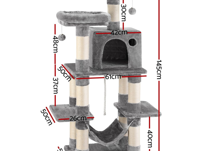 i.Pet Cat Tree 145cm Tower Scratching Post Trees Scratcher Condo House Light Grey