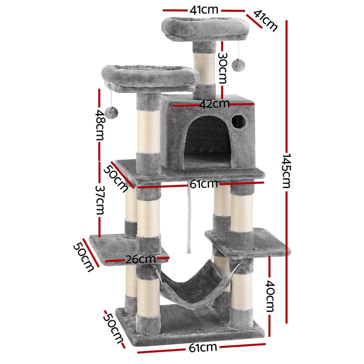 i.Pet Cat Tree 145cm Tower Scratching Post Trees Scratcher Condo House Light Grey