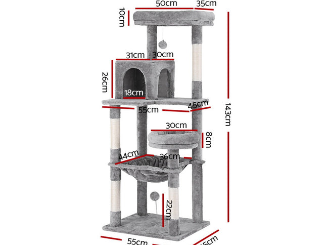 i.Pet Cat Tree Tower Scratching Post Scratcher 143cm Condo House Trees Grey