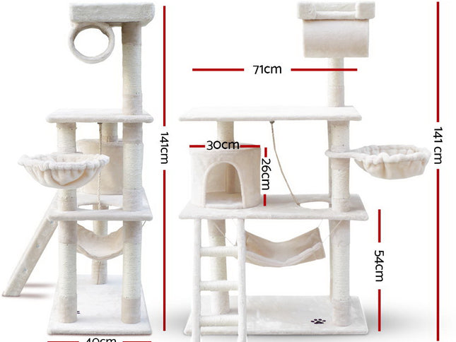 i.Pet Cat Tree 141cm Tower Scratching Post Scratcher Condo Wood House Bed Beige