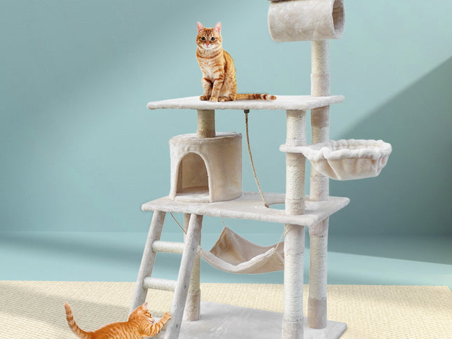 i.Pet Cat Tree 141cm Tower Scratching Post Scratcher Condo Wood House Bed Beige