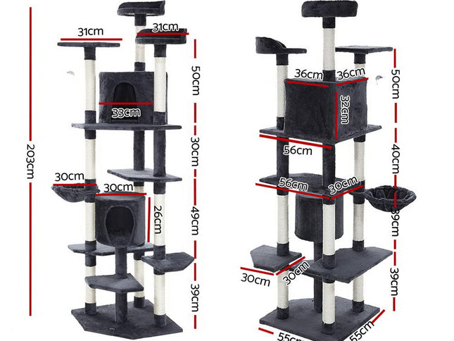i.Pet Cat Tree 203cm Tower Scratching Post Scratcher Condo Trees House Bed Grey