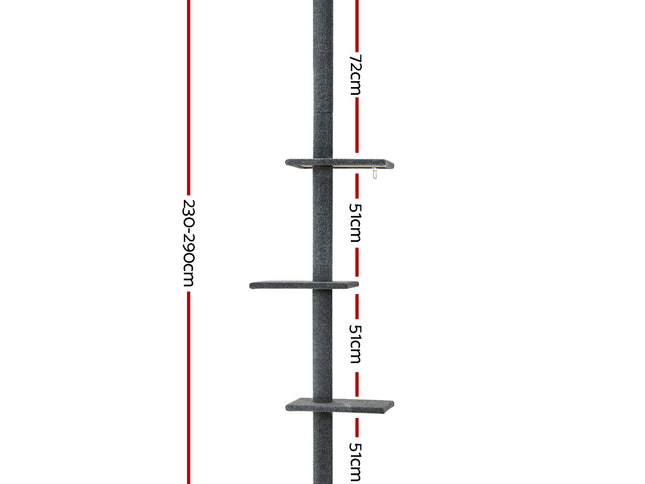 i.Pet Cat Tree 290cm Tower Scratching Post Scratcher Floor to Ceiling Cats Bed Grey