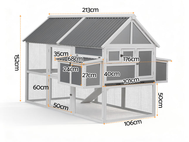 i.Pet Chicken Coop Large Outdoor Rabbit Hutch Chook House Hatch Box With Run Grey White