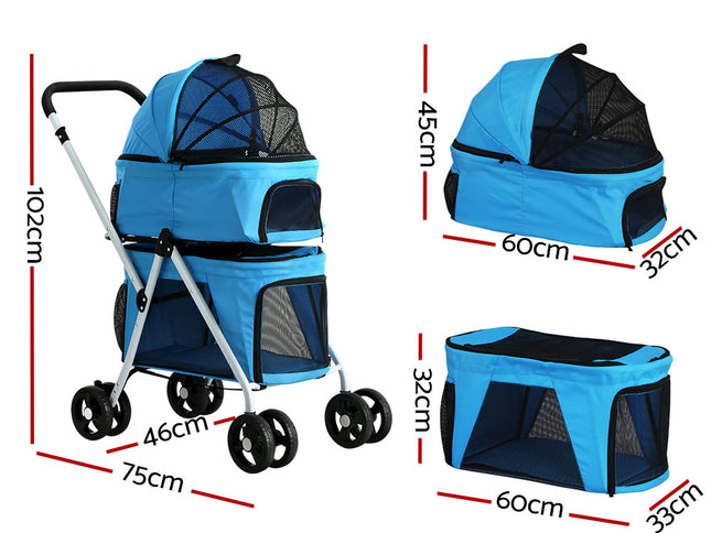 i.Pet Pet Stroller Dog Pram Large Cat Carrier Travel Foldable 4 Wheels Double