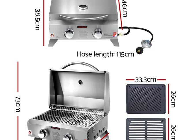Grillz Portable Gas BBQ Grill 2 Burners with 2 Plates