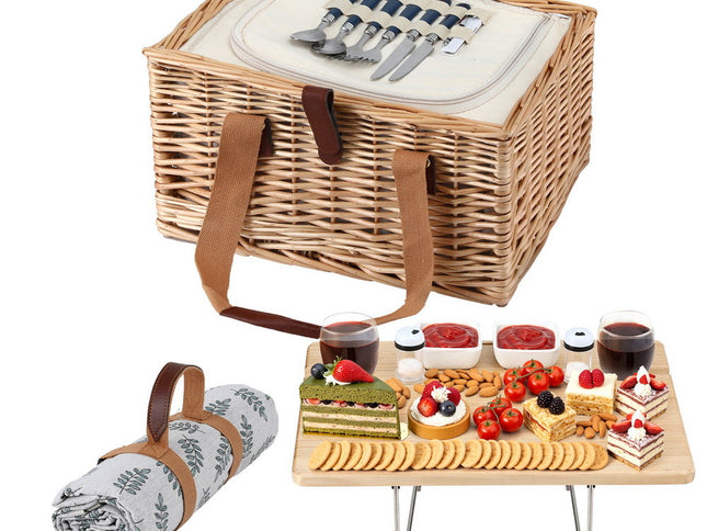 Alfresco 2 Person Picnic Basket Set with Table Blanket Cooler Wooden Insulated