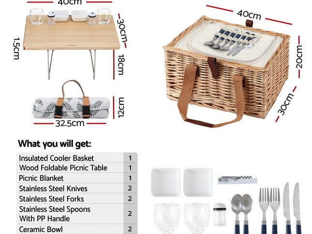 Alfresco 2 Person Picnic Basket Set with Table Blanket Cooler Wooden Insulated