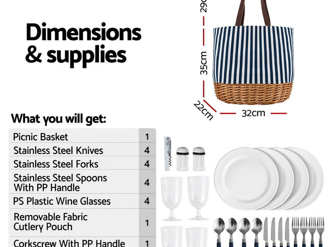 Alfresco 4 Person Picnic Basket Bag Set Wooden Blanket Cooler Outdoor Insulated