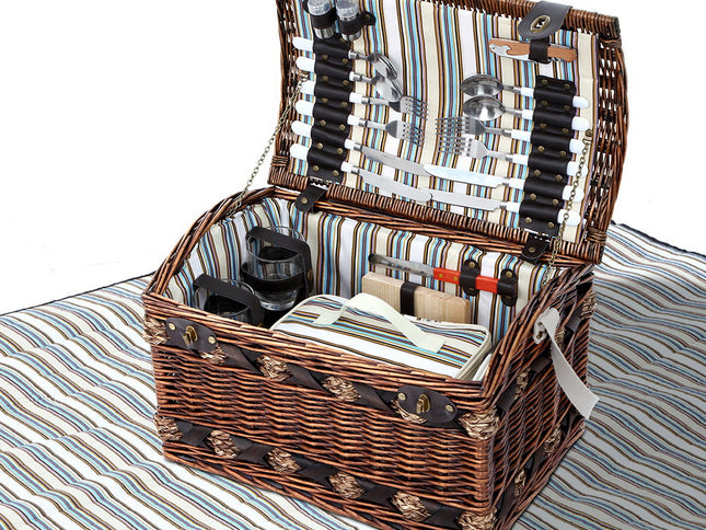 Alfresco 4 Person Picnic Basket Set Wooden Blanket Cooler Bag Outdoor Insulated
