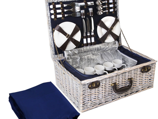 Alfresco 6 Person Picnic Basket Set Cooler Bag Insulated Blanket Plates Navy