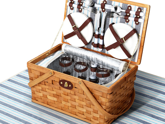 Alfresco 4 Person Picnic Basket Set Wooden Blanket Cooler Bag Outdoor Insulated