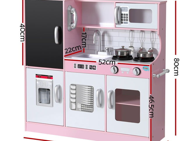 Keezi Kids Wooden Pretend Kitchen Play Set Cooking Toys Pot Ice Cup Oven Blackboard 80CM Pink