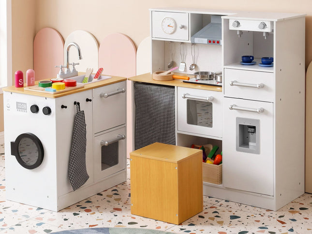 Keezi Kids Wooden Kitchen Playset 2-piece Pretend Toy Kitchen 29pc Food Set