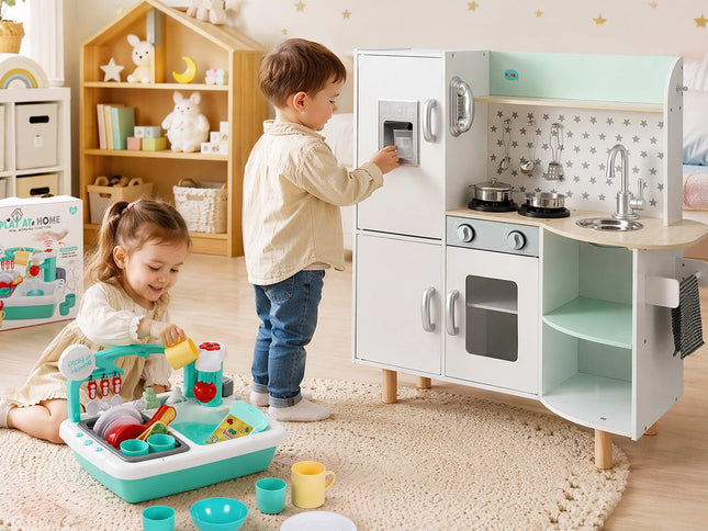 Keezi Kid Pretend Kitchen Wooden Play Sink Playset Dishwasher Toys Green