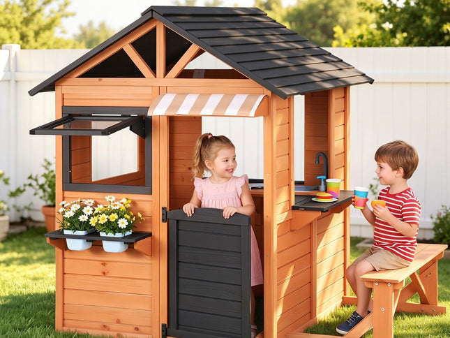 Keezi Kids Pretend Kitchen Wooden Cubby House Outdoor Playhouse Side Bench