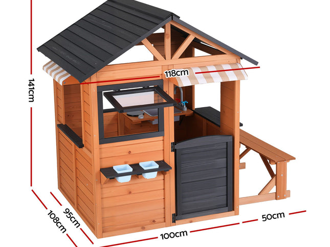 Keezi Kids Pretend Kitchen Wooden Cubby House Outdoor Playhouse Side Bench