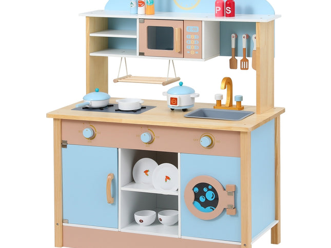 Keezi Kids Wooden Pretend Kitchen Play Sets Cooking Toys Pot Pan Bowls Oven Dishwasher 80CM Blue