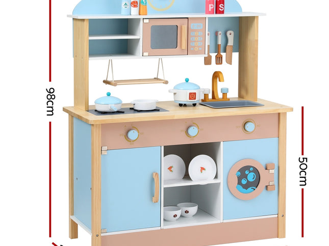 Keezi Kids Wooden Pretend Kitchen Play Sets Cooking Toys Pot Pan Bowls Oven Dishwasher 80CM Blue