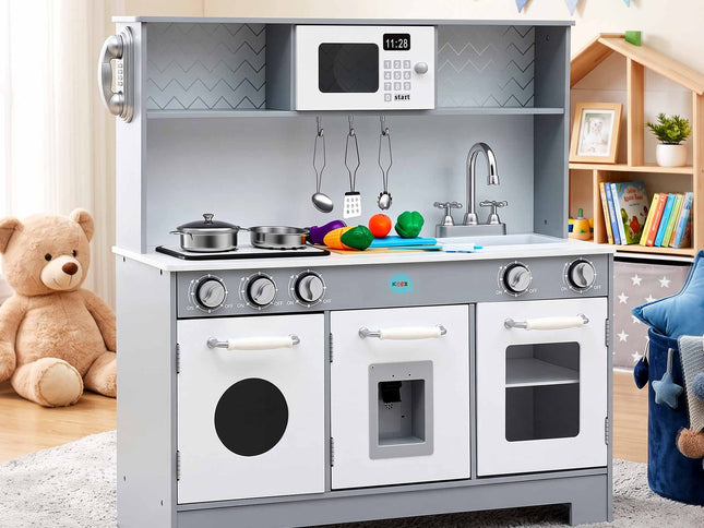 Keezi Wooden Play Kitchen Pretend Kitchen 82cm Kids Toy Food Set Grey