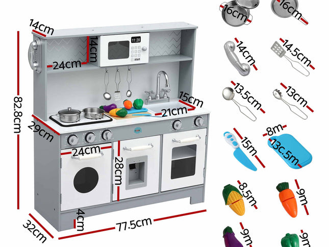 Keezi Wooden Play Kitchen Pretend Kitchen 82cm Kids Toy Food Set Grey