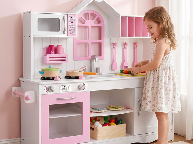 Keezi Wooden Kids Pretend Kitchen Playset with 29pc Food Set Pink White