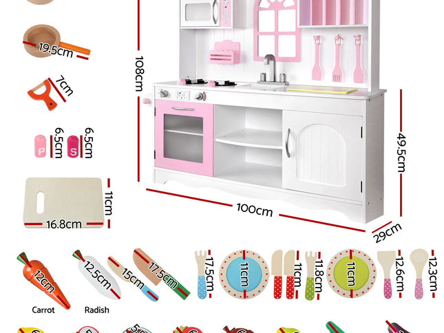 Keezi Wooden Kids Pretend Kitchen Playset with 29pc Food Set Pink White