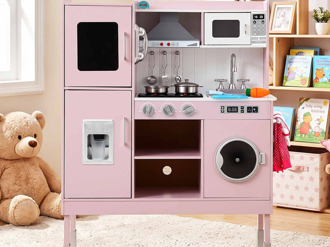Keezi 102cm Wooden Pretend Kitchen Playset With Apron And Food Set1 Pink