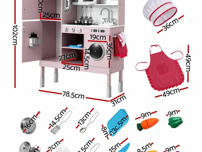 Keezi 102cm Wooden Pretend Kitchen Playset With Apron And Food Set1 Pink