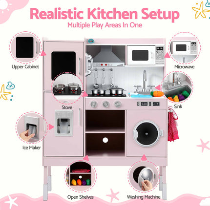 Keezi 102cm Wooden Pretend Kitchen Playset With Apron And Food Set1 Pink