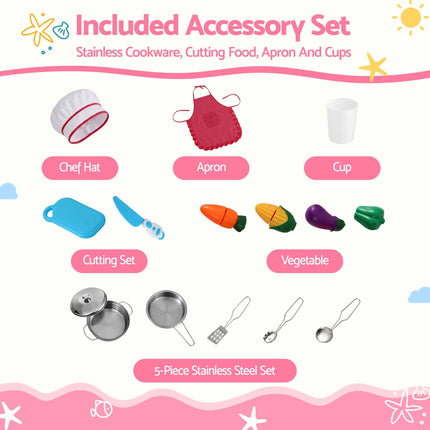 Keezi 102cm Wooden Pretend Kitchen Playset With Apron And Food Set1 Pink