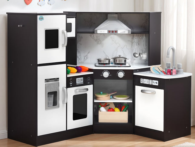 Keezi Kids Wooden Kitchen Playset 29pc Food Set Black White