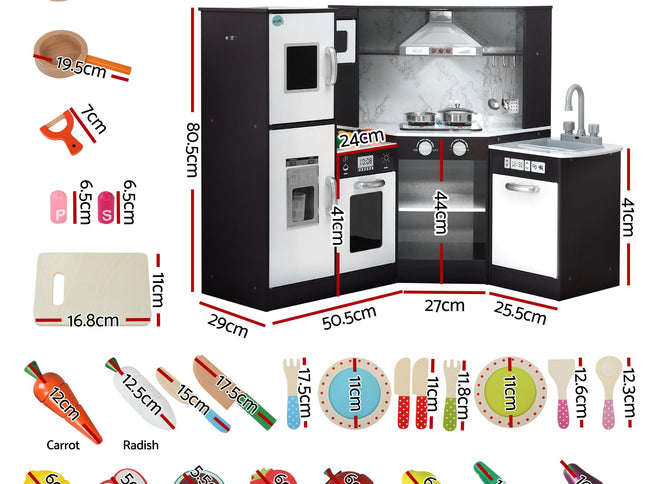 Keezi Kids Wooden Kitchen Playset 29pc Food Set Black White