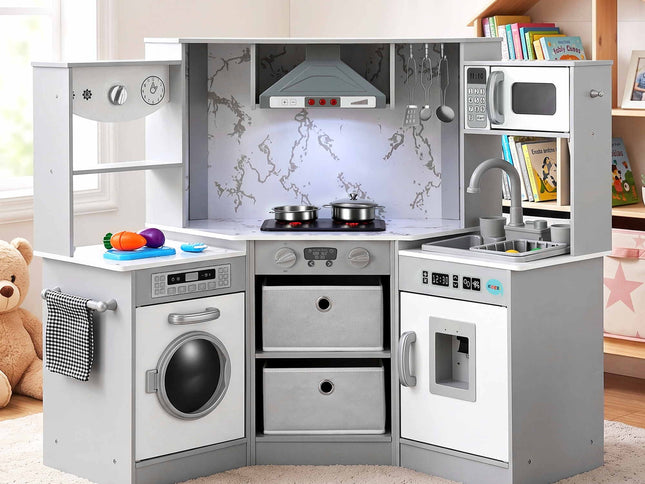Keezi 112cm Wooden Pretend Kitchen Playset Kids Toy Sink Stove Grey