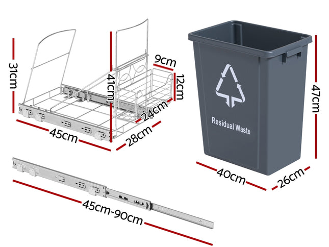 Cefito Pull Out Bin Kitchen Cabinet Slide Garbage Rubbish Bins Basket 40L Grey