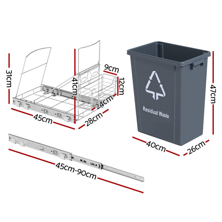 Cefito Pull Out Bin Kitchen Cabinet Slide Garbage Rubbish Bins Basket 40L Grey