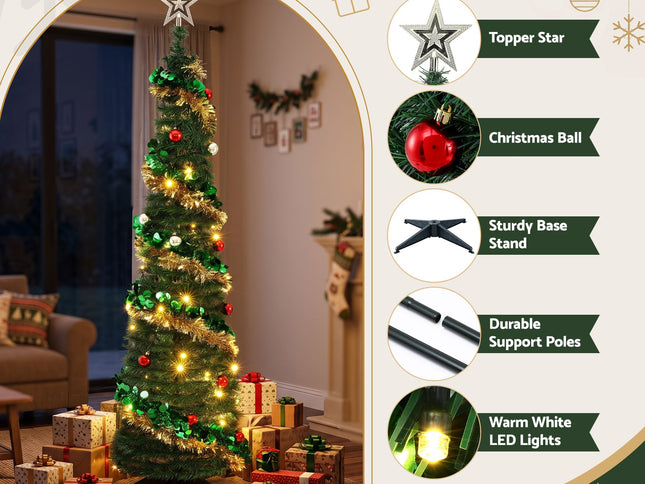 Jingle Jollys Pop Up Christmas Tree Pre Decorated Warm White LED 160cm