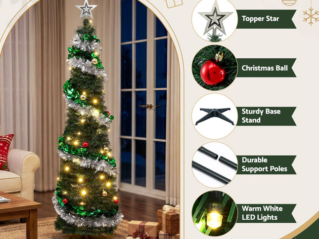Jingle Jollys Pop Up Christmas Tree Pre Decorated Warm White LED 155cm