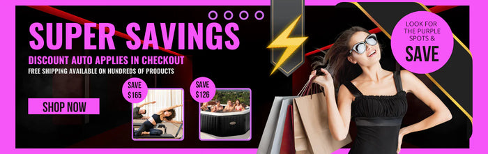 Promotional banner with 'Super Savings' offer, discount information, and a woman holding a suitcase.